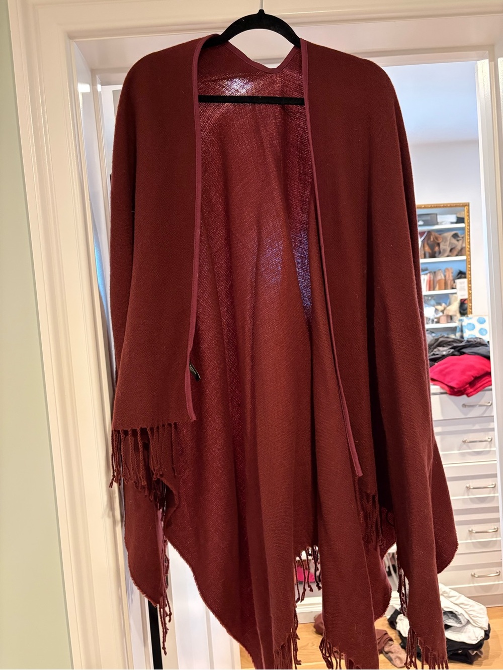 Ann Taylor Open-Front Fringe Poncho in Burgundy